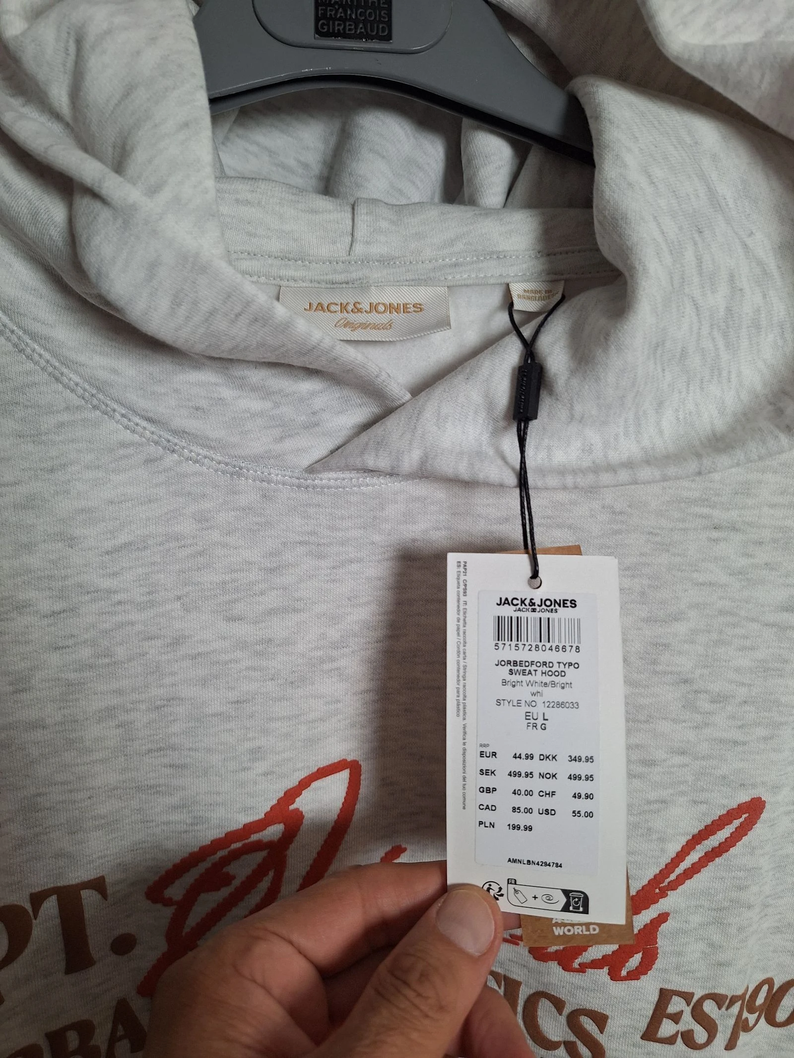 Moletom com capuz Jack and Jones cinza claro tamanho G novo com etiqueta – photo 3